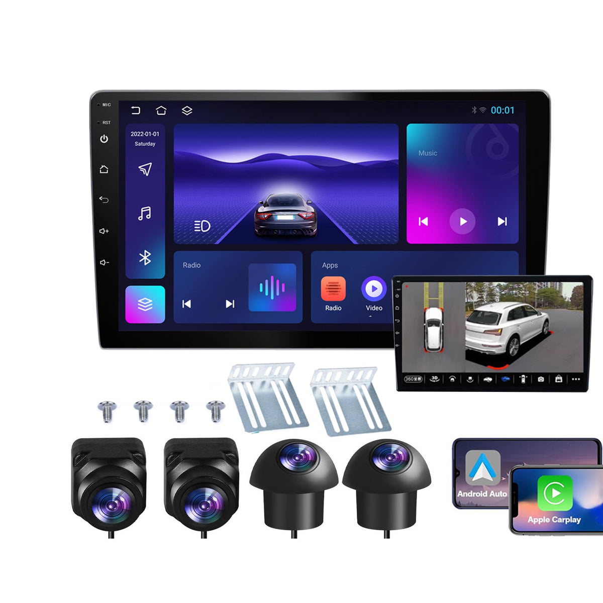 10 Inch Android Car Stereo Double Din with Wireless CarPlay, 360 Panoramic Surround View System, HD Touchscreen Vehicle GPS Navigation, 4G+64G Car Android Radio with 360 Camera, Double Din