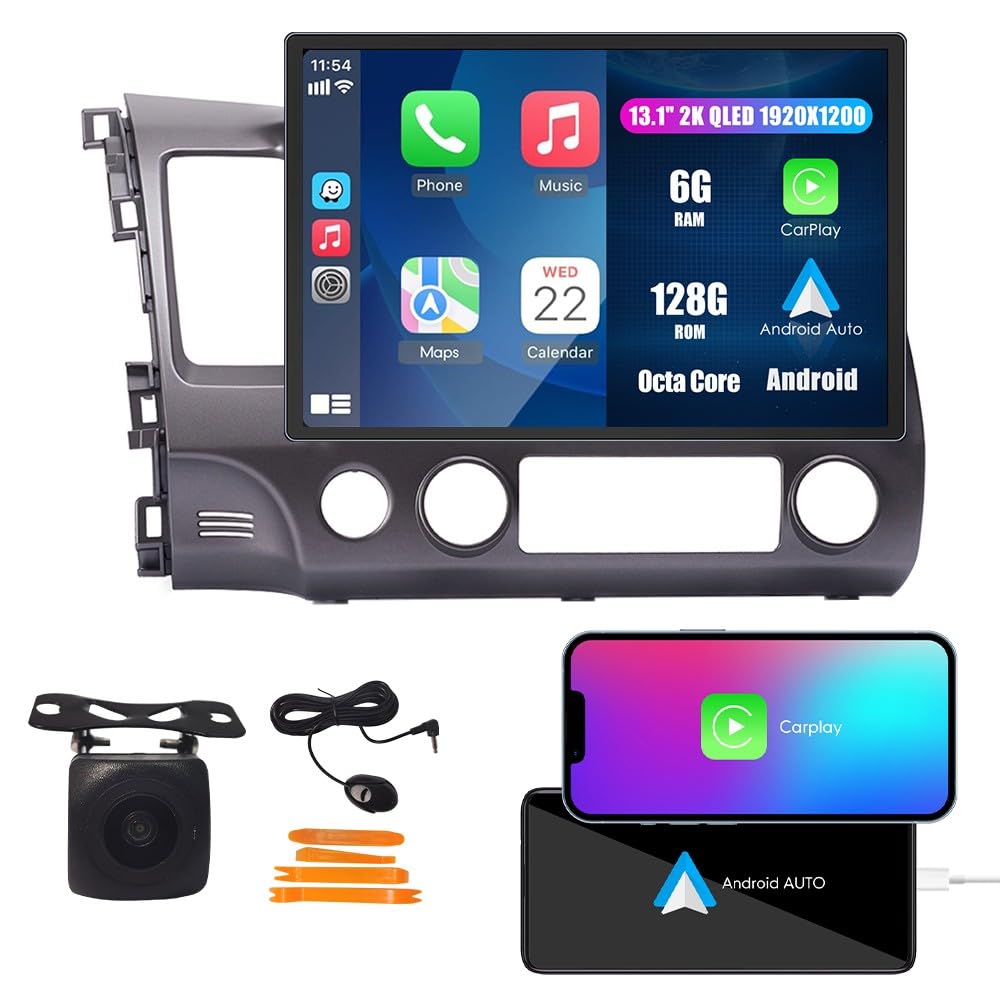 Tesla Style Car CarPlay Android Auto Navigation Stereo GPS Radio Reverse Camera 9.7" IPS Touchscreen Headunit Tablet Media Player for Honda Civic 2004-2011, if Applicable Quad Core 2G+32G MT
