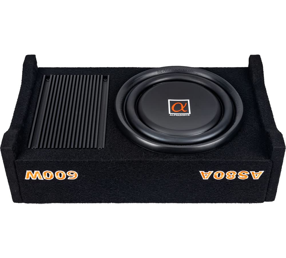 Alphasonik AS80A 8" 600 Watts with a Built-in Amplifier Down-Firing Shallow Mount Enclosed for Tight Spaces in Cars and Trucks, Slim Thin Loaded Subwoofer Air Tight Sealed Bass Enclosure