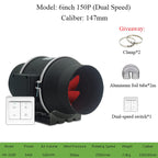 6 inch Duct Fan Booster Inline Ventilation with Dual-Speed Switch Exhaust Blower Vent Air Extractor Ventilation System HVAC Low Noise Operation with Aluminum Blade and Grounded Power Cord (Black)