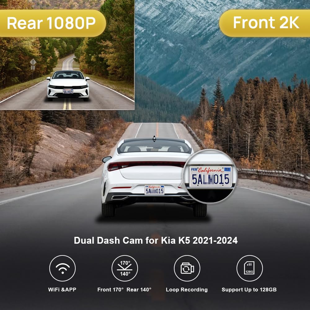 Fitcamx Front 2K+Rear 1080P Dash Cam Adapts for Kia K5 2021-2024 (Part No#L3000) LX LXS GT-Line EX GT, Integrated OEM Style, Dual HD Video, WiFi & APP, Loop Recording, G-Sensor, Easy to Set, 64GB Card