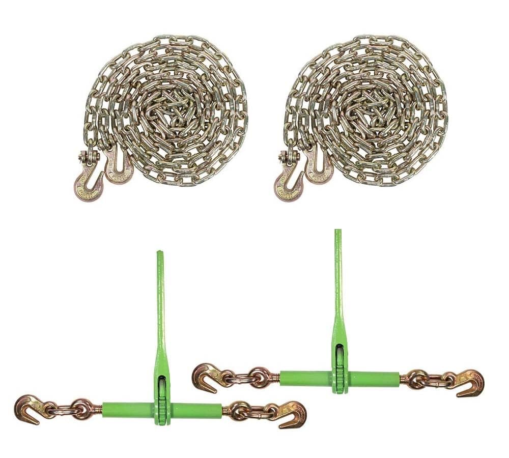 Mytee Products 2 Pack 5/16"- 3/8" Heavy Duty Hi-Viz Green Ratchet Chain Binder w/ 5/16" Grab Hook & 1/2" Slip Hook, 5,400 Lbs WLL & 2 Pack 5/16 Inch x 12 FT Grade 70 Binder Chain w/Clevis Grab Hooks