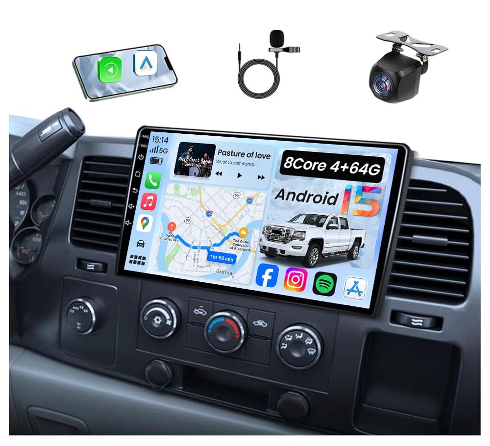 8Core 4+64GB Android 15 Car Radio Stereo for Chevy Silverado 2007-2013 GMC Sierra Yukon 10" Head Unit 1280 * 800 IPS Touchscreen, CarPlay & Android Auto, FM/AM, Backup Camera, Plug and Play