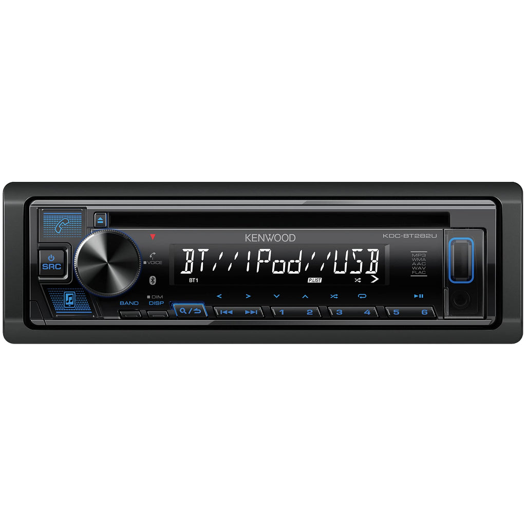 KENWOOD KDC-BT282U CD Car Stereo - Single Din, Bluetooth Audio, USB MP3, FLAC, Aux in, AM FM Radio, Detachable face with White 13-Digit LCD Display and Blue Button Illumination