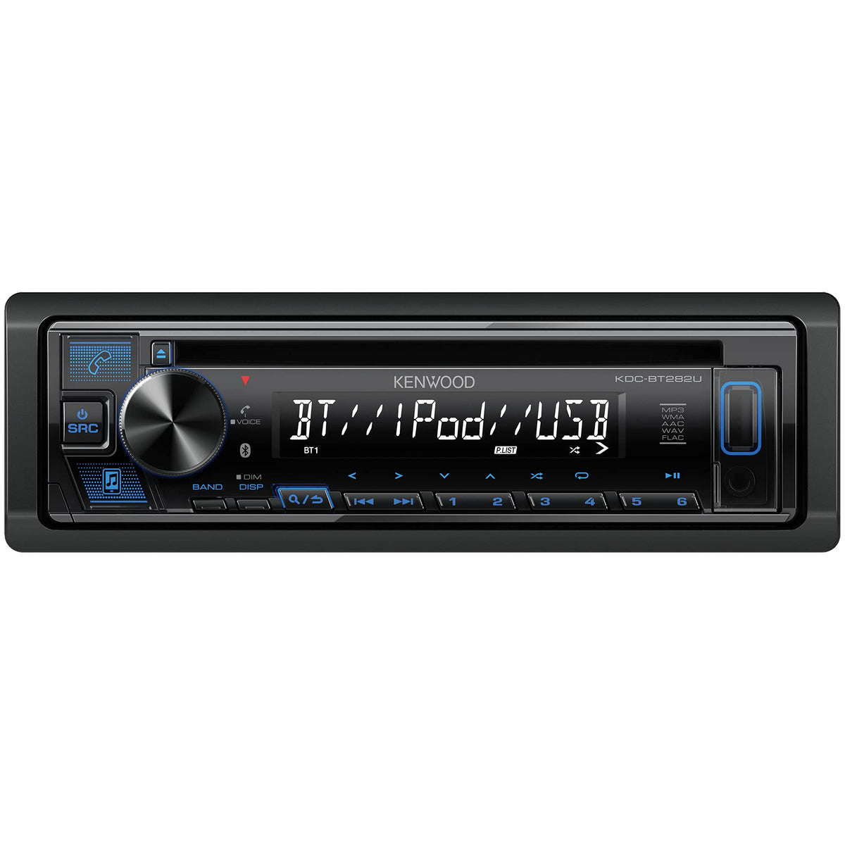 KENWOOD KDC-BT282U CD Car Stereo - Single Din, Bluetooth Audio, USB MP3, FLAC, Aux in, AM FM Radio, Detachable face with White 13-Digit LCD Display and Blue Button Illumination