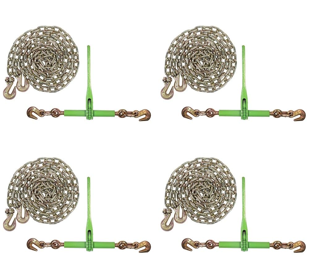 Mytee Products 4 Pack 5/16"- 3/8" Heavy Duty Hi-Viz Green Ratchet Chain Binder w/ 5/16" Grab Hook & 1/2" Slip Hook, 5,400 Lbs WLL & 4 Pack 5/16 Inch x 16 FT Grade 70 Binder Chain w/Clevis Grab Hooks