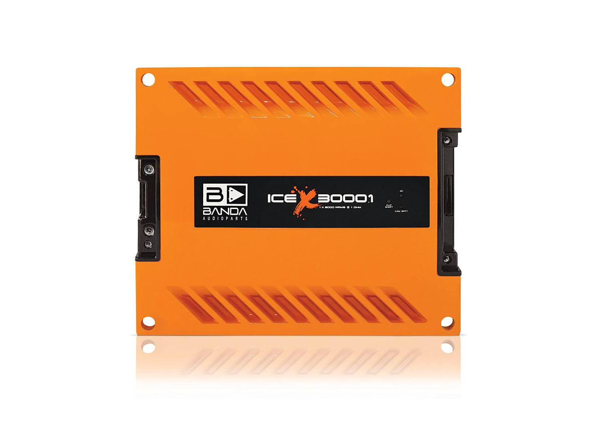 1-Ch.Vehicle Audio Bass Amplifier - 3000WRMS High-Powered Mono Bass Amp w/Subsonic Filter and Low Pass Filter Stable at 1 ohm, LED Indicators, Sound Specialization, Orange - Banda ICEX3000.1ORANGE