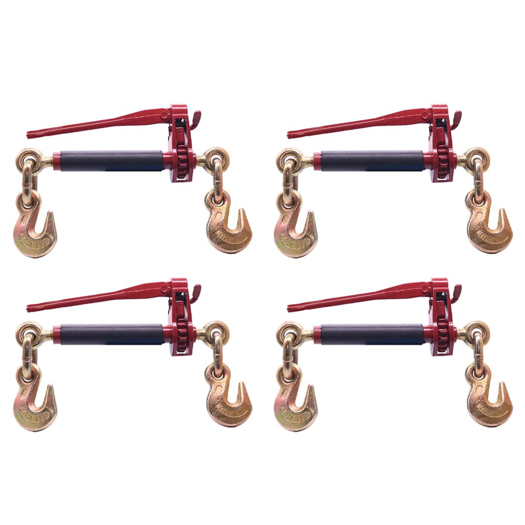 BoxerTool 4 Pack 3/8" - 1/2" Heavy Duty Folding Handle Ratchet Load Binder w/Grab Hook 12,000 lbs WLL - Transport Chain Binder