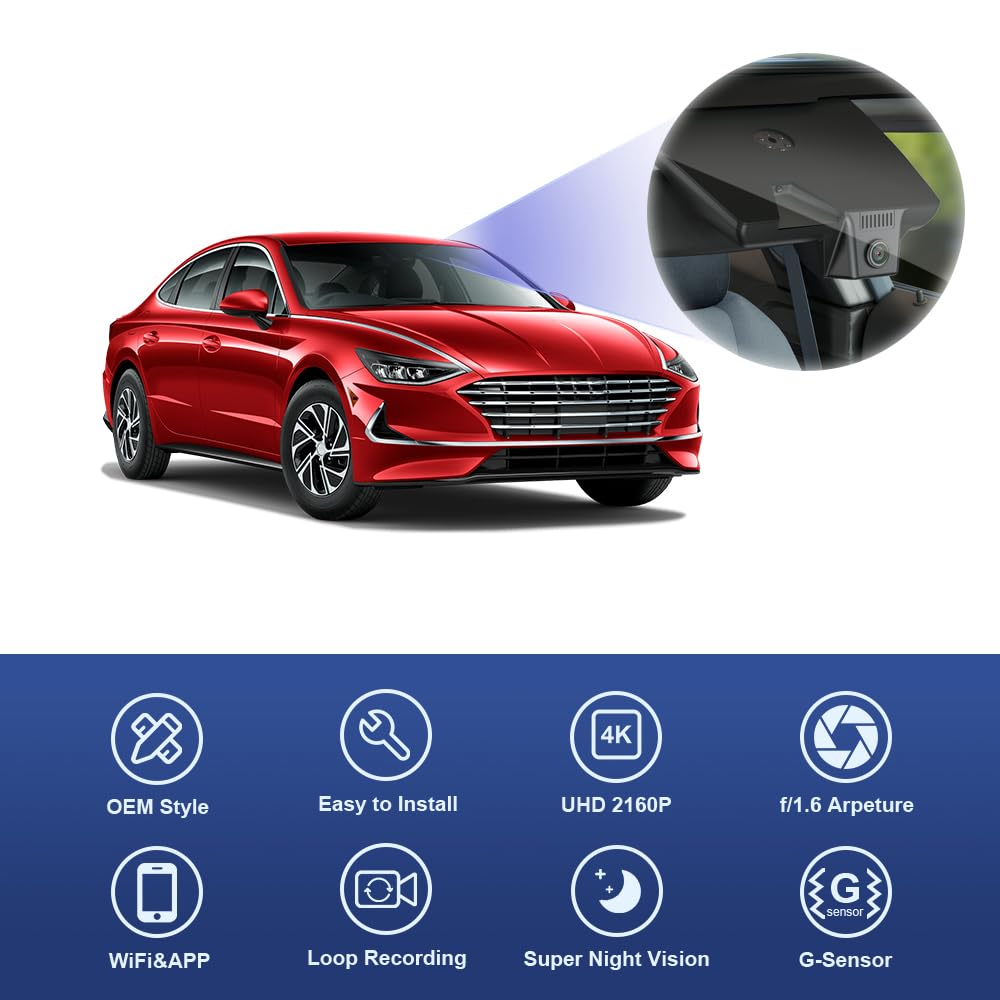Fitcamx 4K Dash Cam Suitable for Hyundai Sonata 2020-2023 SE SEL Plus Limited N Line & Hybrid (Part No#L1000), OEM Look, 2160P UHD Video, WiFi & APP, Loop Recording, G-Sensor, Plug & Play, 64GB Card
