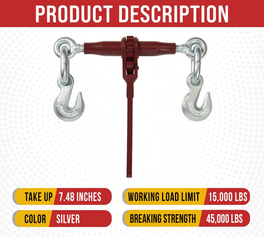 Mytee Products 4 Pack PRO Heavy Duty Chain Binder Ratchet Style 3/8" - 1/2" w/Grab Hooks, 15,000 lbs WLL