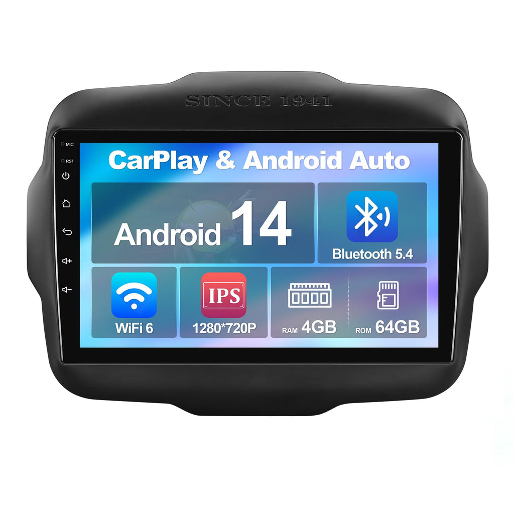 4+64G 9-inch Android 14 Car Stereo for Jeep Renegade 2015-2020 IPS Touchscreen Screen Car Radio with WiFi 6 Carplay & Android Auto Support Backup Camera GPS FM Navi Bluetooth 5.4 SWC