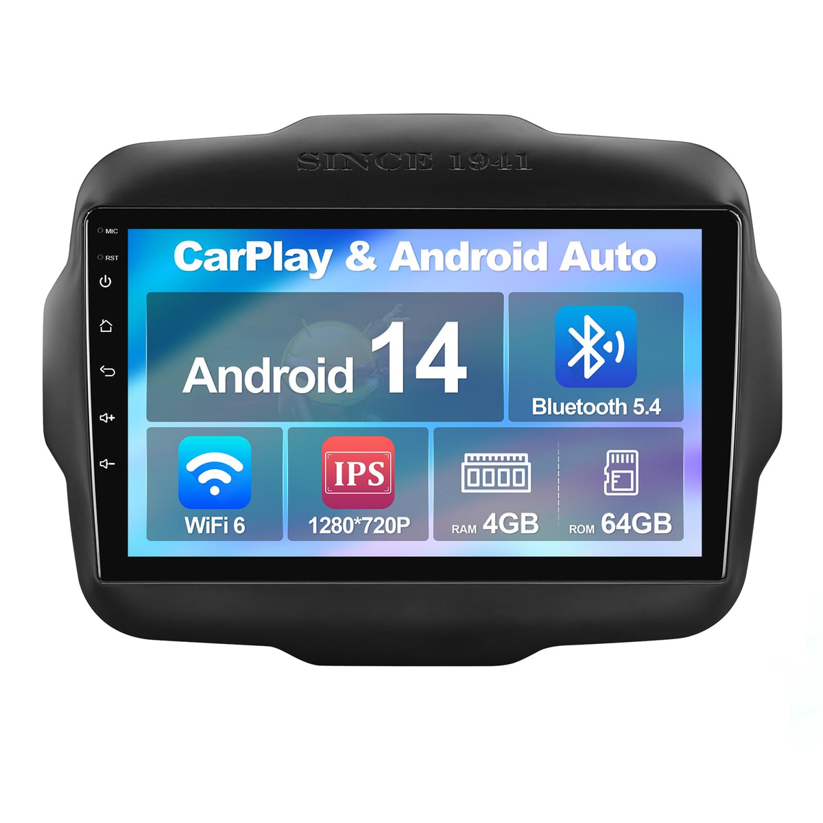 4+64G 9-inch Android 14 Car Stereo for Jeep Renegade 2015-2020 IPS Touchscreen Screen Car Radio with WiFi 6 Carplay & Android Auto Support Backup Camera GPS FM Navi Bluetooth 5.4 SWC