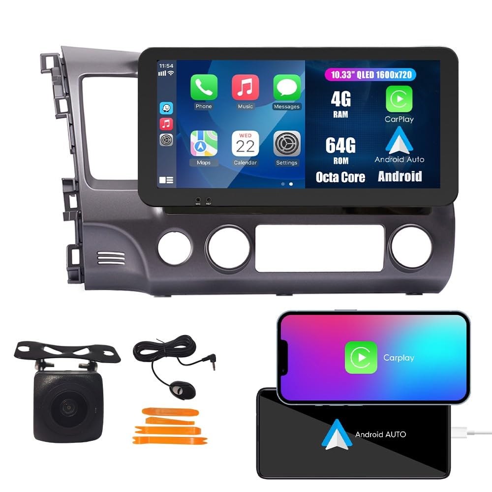 Tesla Style Car CarPlay Android Auto Navigation Stereo GPS Radio Reverse Camera 9.7" IPS Touchscreen Headunit Tablet Media Player for Honda Civic 2004-2011, if Applicable Quad Core 2G+32G MT