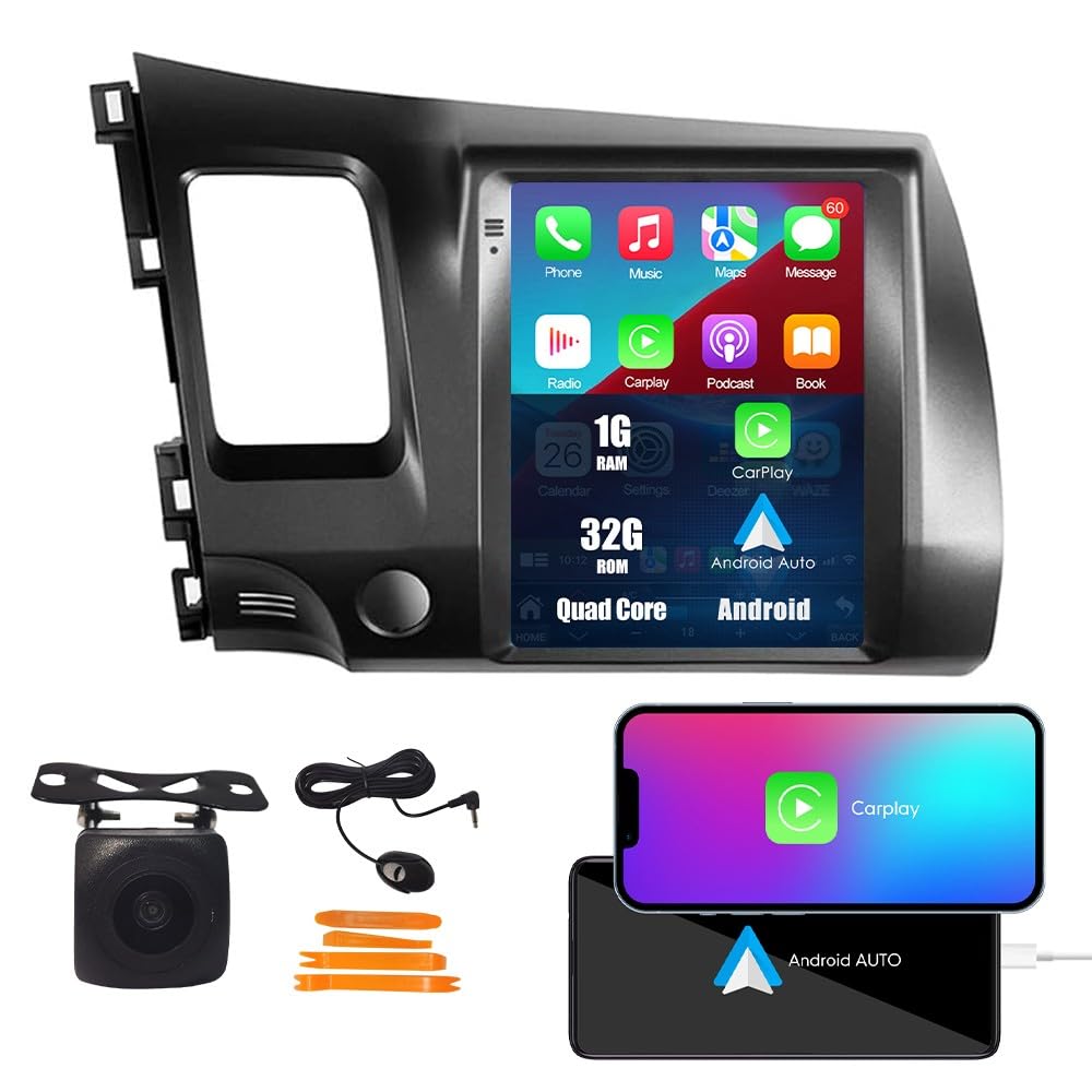 Tesla Style Car CarPlay Android Auto Navigation Stereo GPS Radio Reverse Camera 9.7" IPS Touchscreen Headunit Tablet Media Player for Honda Civic 2004-2011, if Applicable Quad Core 2G+32G MT