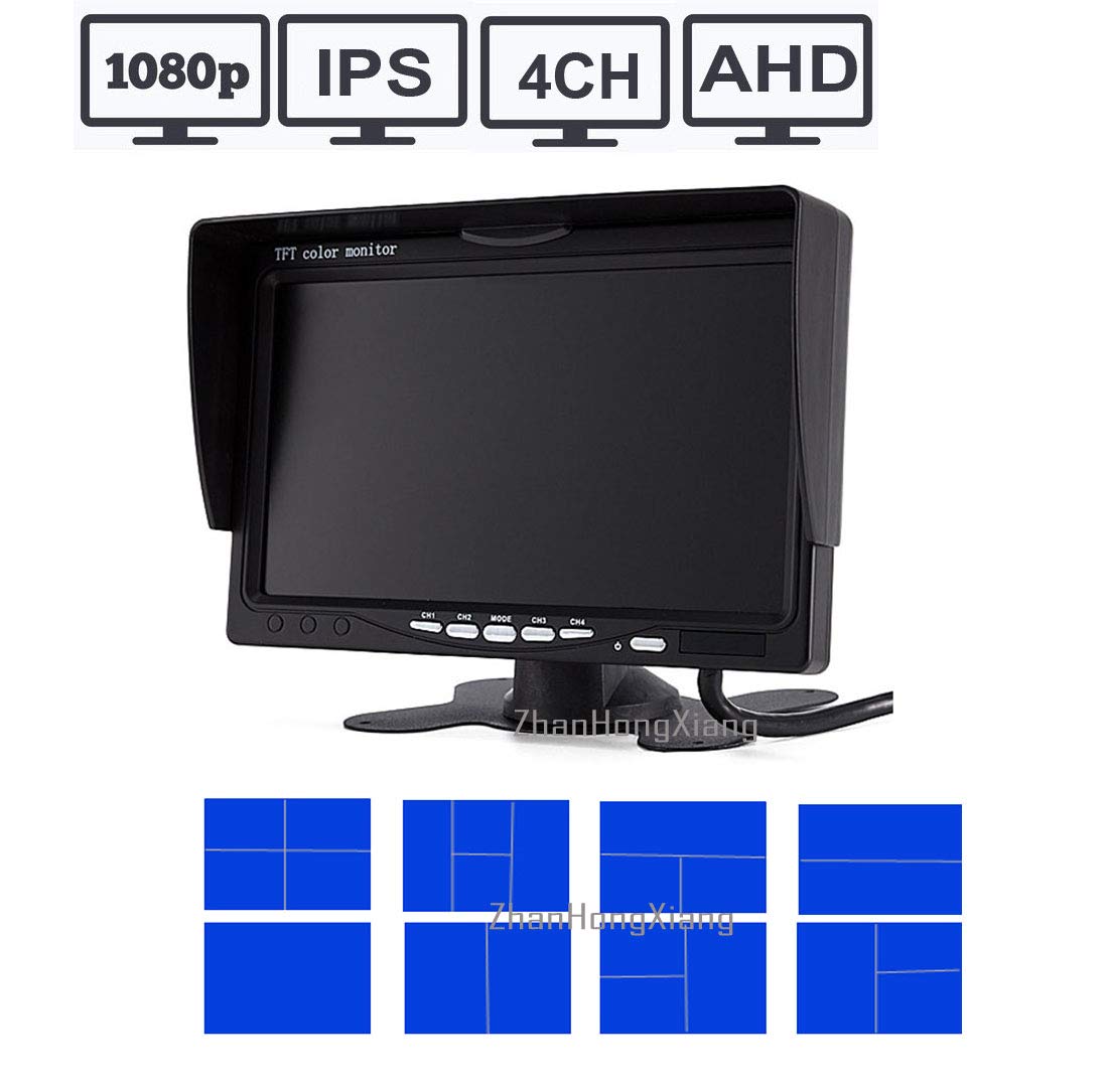 HD 1080P Backup Camera 7" Monitor,4X 4 Pin AHD Car Reverse Rear View Mirror Wired Camera Kit + 7 inch IPS 4-Split Monitor for Bus Truck Trailer RV Heavy Duty A701