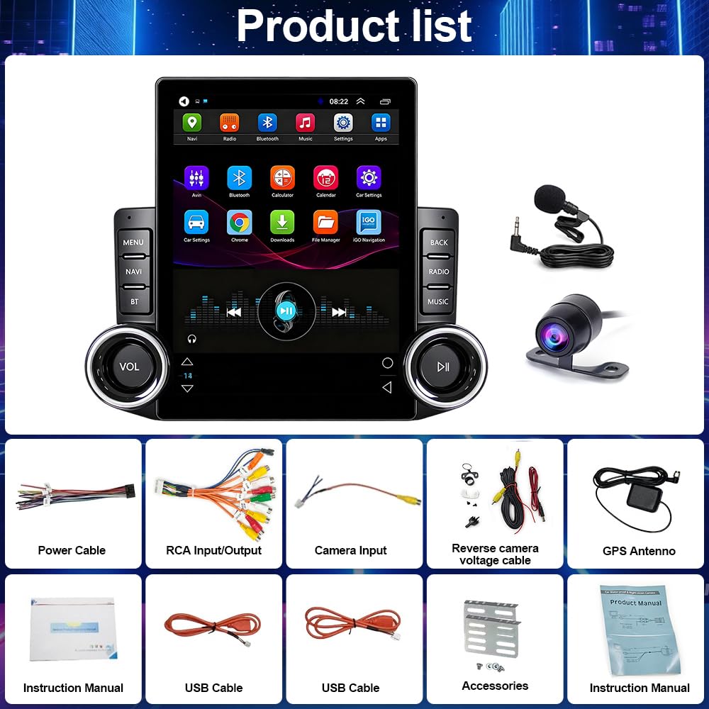 9.7" Android 15 Universal Car Stereo, 4+64G Quad Core Touch Screen Radio