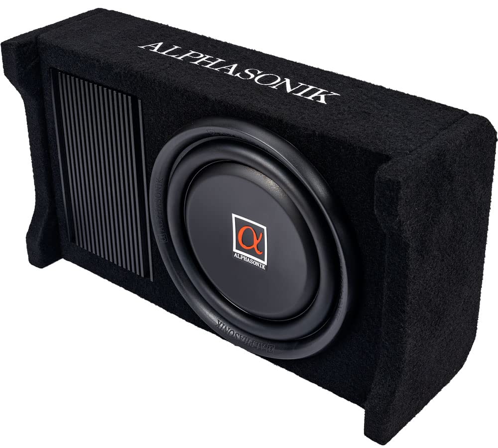 Alphasonik AS80A 8" 600 Watts with a Built-in Amplifier Down-Firing Shallow Mount Enclosed for Tight Spaces in Cars and Trucks, Slim Thin Loaded Subwoofer Air Tight Sealed Bass Enclosure