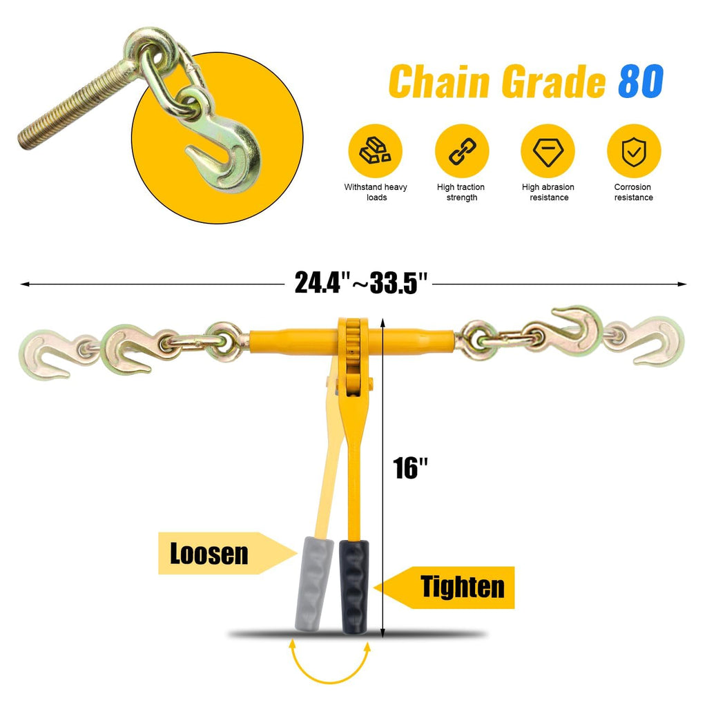 Chain and Binder Kit, G80 Ratchet Load Binders with 5/16" x 20 ft Chains, 5400 Lbs Working Load Limit, Heavy Duty Tie Down Hauling Set of 4 for Flatbed Truck & Trailer Use
