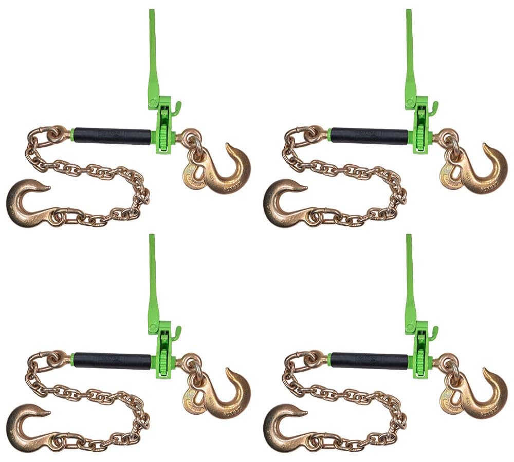 Mytee Products 4 Pack Hi-Viz Green Folding Handle Ratchet Pro-Binder w/ 3/8"-5/16" Grab Hook, 1/2" Sling Hook & 3/8" x 2' G80 Chain, 1/2" Sling Hook | 7,100 lbs WLL | Binder for Flatbed Trailer