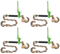 Mytee Products 4 Pack Hi-Viz Green Folding Handle Ratchet Pro-Binder w/ 3/8"-5/16" Grab Hook, 1/2" Sling Hook & 3/8" x 2' G80 Chain, 1/2" Sling Hook | 7,100 lbs WLL | Binder for Flatbed Trailer