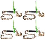 Mytee Products 4 Pack Hi-Viz Green Folding Handle Ratchet Pro-Binder w/ 3/8"-5/16" Grab Hook, 1/2" Sling Hook & 3/8" x 2' G80 Chain, 1/2" Sling Hook | 7,100 lbs WLL | Binder for Flatbed Trailer