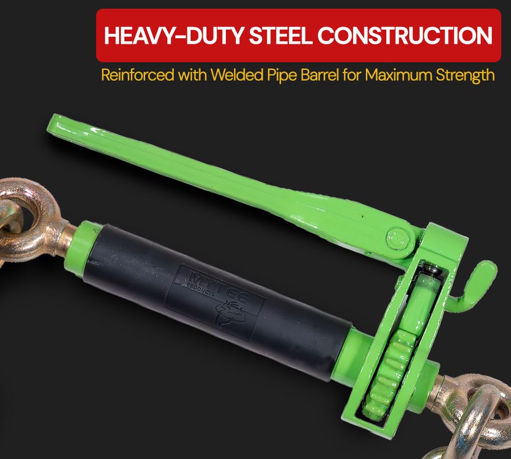 Mytee Products 4 Pack Hi-Viz Green Folding Handle Ratchet Pro-Binder w/ 3/8"-5/16" Grab Hook, 1/2" Sling Hook & 3/8" x 2' G80 Chain, 1/2" Sling Hook | 7,100 lbs WLL | Binder for Flatbed Trailer