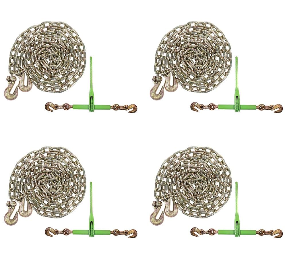 Mytee Products 4 Pack 5/16"- 3/8" Heavy Duty Hi-Viz Green Ratchet Chain Binder w/ 5/16" Grab Hook & 1/2" Slip Hook, 5,400 Lbs WLL & 4 Pack 5/16 Inch x 12 FT Grade 70 Binder Chain w/Clevis Grab Hooks