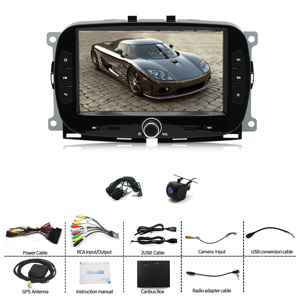 7 inch Car Stereo for Fiat 500 2016-2019, 2+64G Android 13 Car Radio for Fiat CarPlay Head Unit GPS Navigation WiFi Bluetooth FM SWC Backup Camera