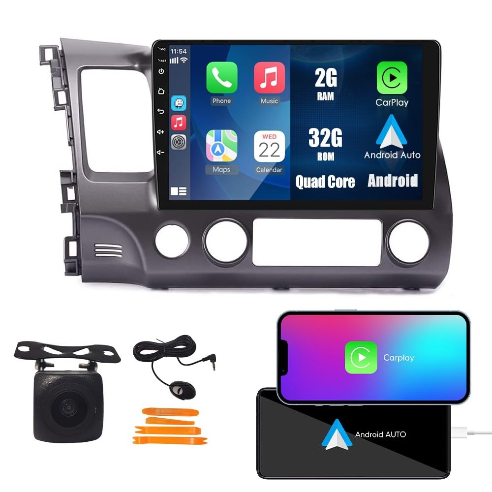 Tesla Style Car CarPlay Android Auto Navigation Stereo GPS Radio Reverse Camera 9.7" IPS Touchscreen Headunit Tablet Media Player for Honda Civic 2004-2011, if Applicable Quad Core 2G+32G MT