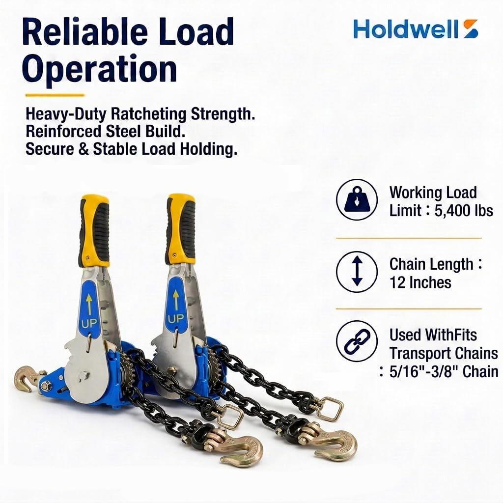 2 Pack 5/16"-3/8" EZ Ratchet Chain Binder with G70 Grab Hooks, Ratchet Load Binder Kit, 5400 lbs WLL Heavy Duty Cargo Tie Down for Flatbed Trailers & Trucks