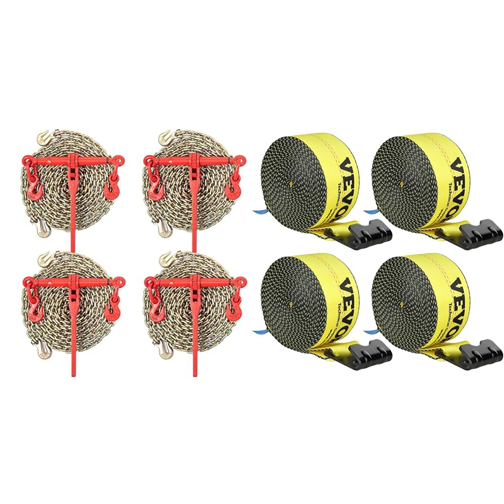 VEVOR Chain Load Binder, 5/16" Tie Down Kit & Truck Straps, 4" x 30' Heavy Duty Tie Down w/Flat Hooks 18,000lbs Break Strength