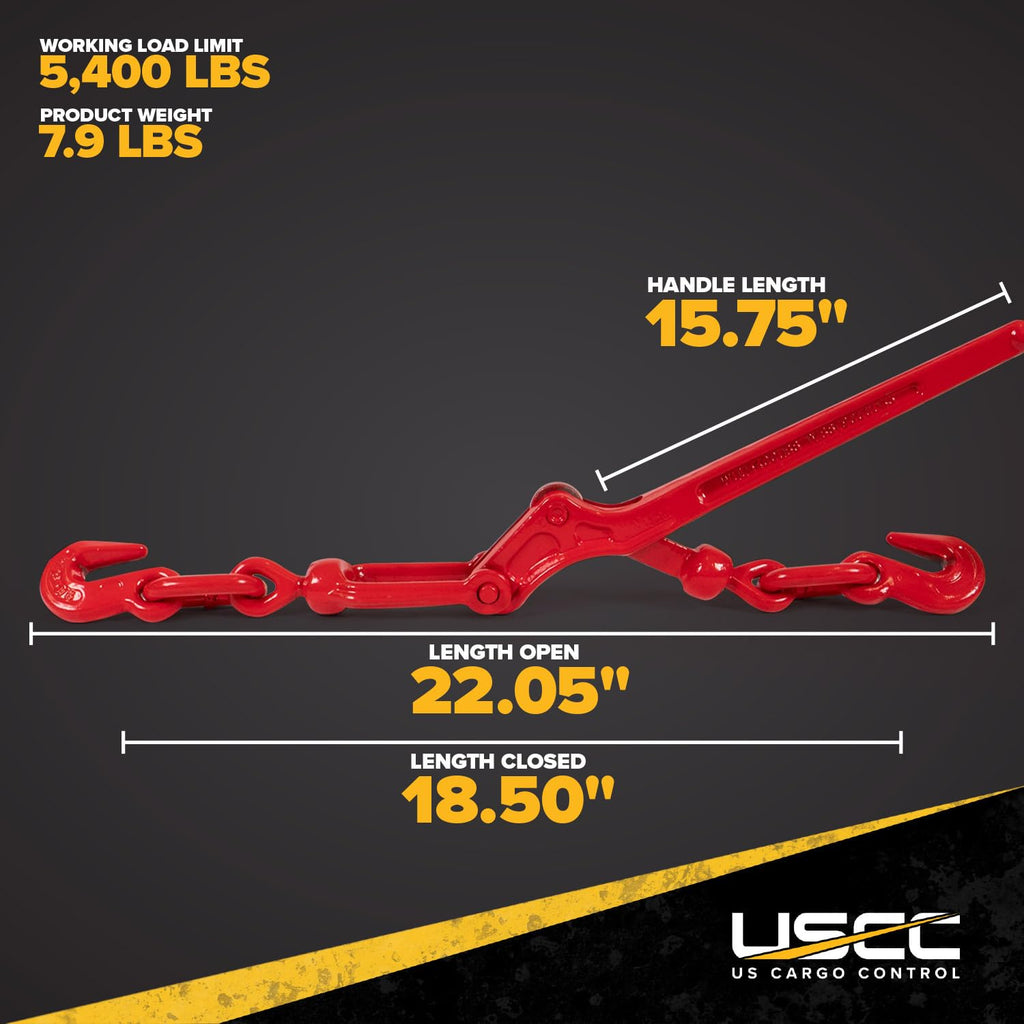US Cargo Control Load Binders for 5/16 Inch Grade 70 Chain and 3/8 Inch Grade 43 Chain - 5,400 LBS Working Load Limit, (4-Pack) Lever-Style Chain Binders, Ratcheting Design for Easy Tightening
