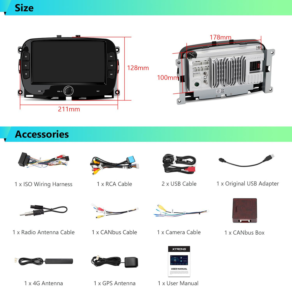 XTRONS 7" Android 14 IPS Touch Screen Car Stereo for Fiat 500 2016-2019