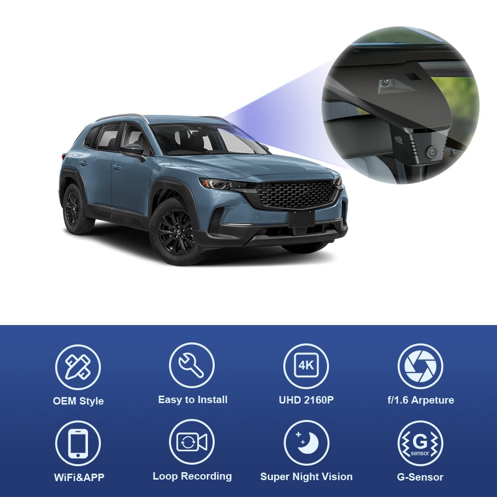 Fitcamx 4K Dash Cam Adapts for Mazda CX-50 2022-2024 2.5 S Select Preferred Premium Plus Turbo Meridian (HD2-6687), OEM Look, UHD 2160P Video, Loop Recording, WiFi & APP, Parking Mode, 64GB Card