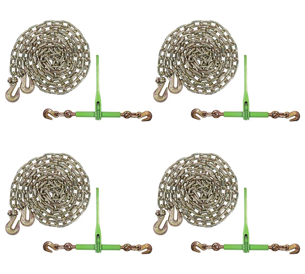 Mytee Products 4 Pack 5/16"- 3/8" Heavy Duty Hi-Viz Green Ratchet Chain Binder w/ 5/16" Grab Hook & 1/2" Slip Hook, 5,400 Lbs WLL & 4 Pack 5/16 Inch x 20 FT Grade 70 Binder Chain w/Clevis Grab Hooks