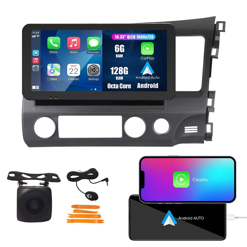 Tesla Style Car CarPlay Android Auto Navigation Stereo GPS Radio Reverse Camera 9.7" IPS Touchscreen Headunit Tablet Media Player for Honda Civic 2004-2011, if Applicable Quad Core 2G+32G MT