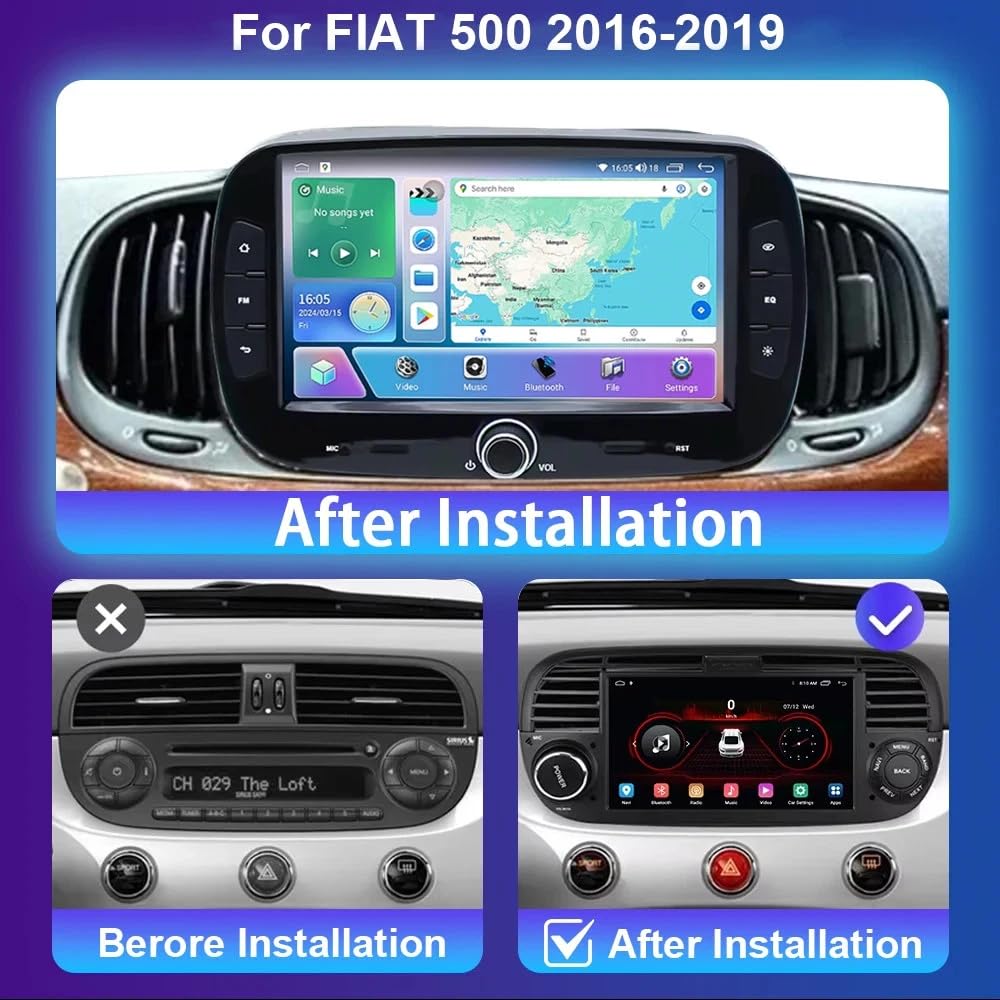 7 inch Car Stereo for Fiat 500 2016-2019, 2+64G Android 13 Car Radio for Fiat CarPlay Head Unit GPS Navigation WiFi Bluetooth FM SWC Backup Camera