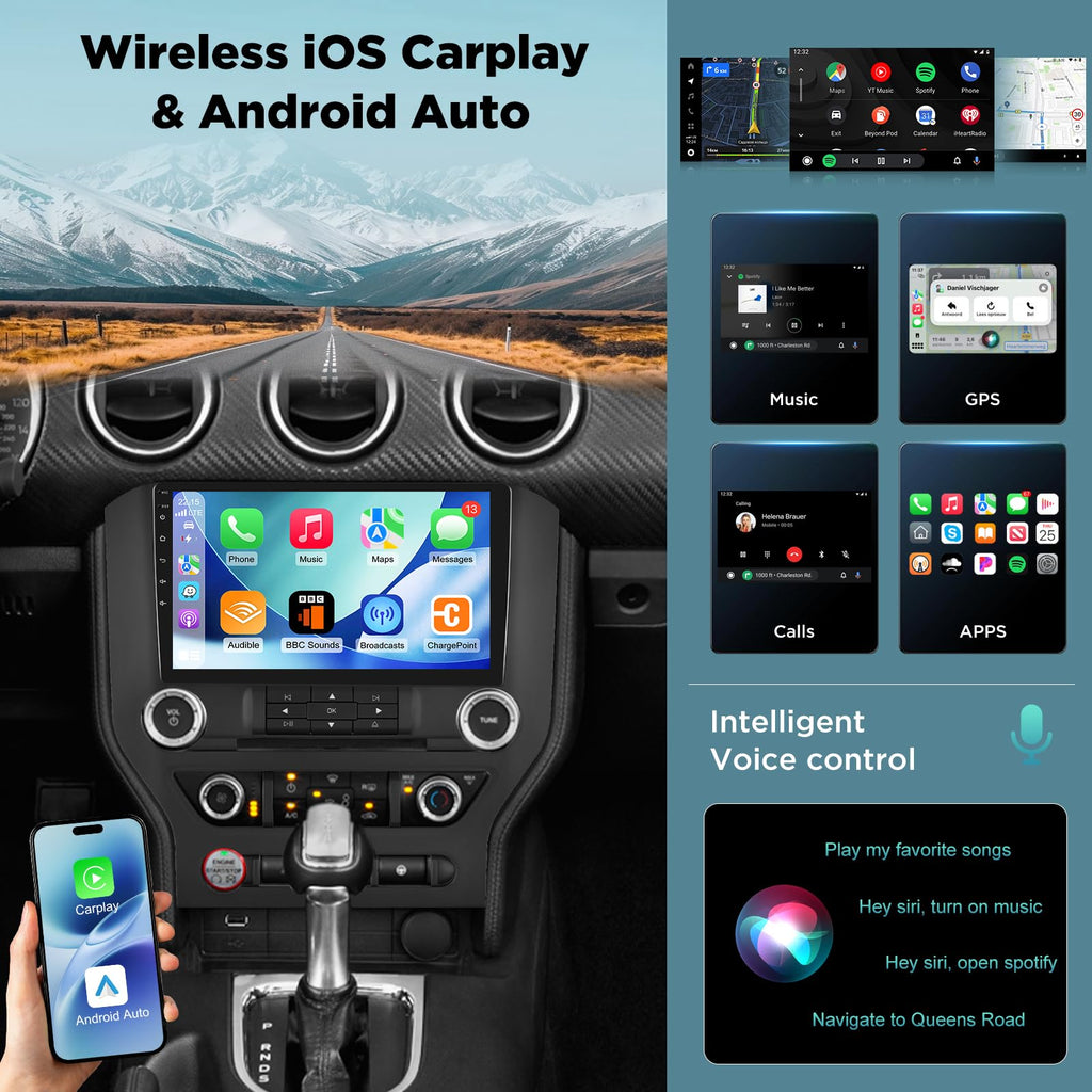 Car Radio for Ford Mustang 2015 2016 2017 2018 2019 2020, [2+64] 9 inch Android Touchscreen Stereo with Carplay/Android Auto, GPS Navigation, WiFi, Bluetooth 5.0, SWC, FM/RDS