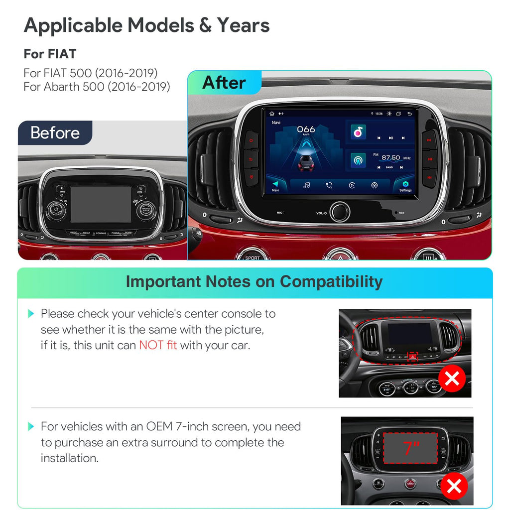 XTRONS 7" Android 14 IPS Touch Screen Car Stereo for Fiat 500 2016-2019