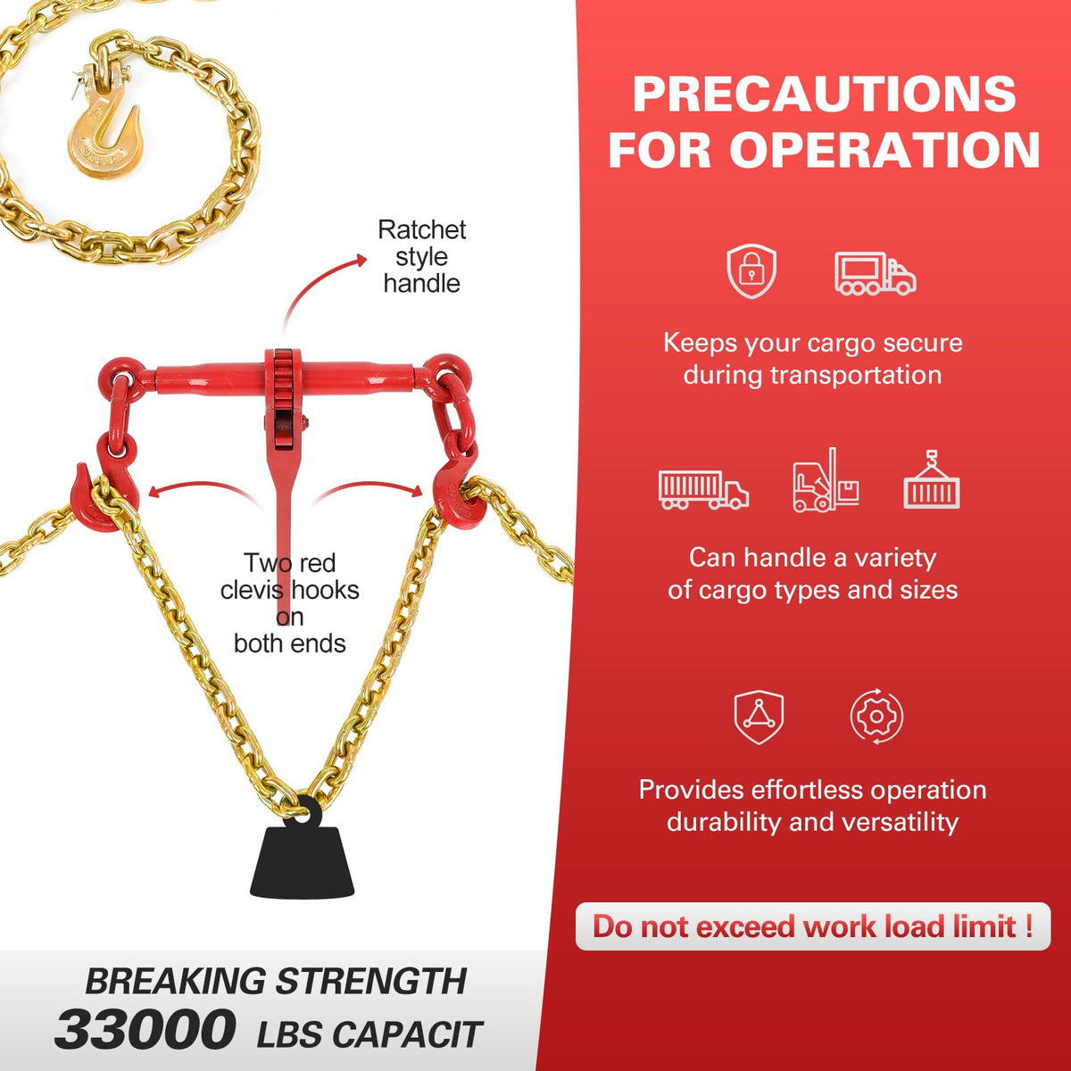 3/8" to 1/2" Ratchet Chain Binder with G80 5400 lbs Safe Working Load 3/8" X 10FT Binder Chain，with Grappling G70 Hook, Tie Down Hauling Chain Binders for Flatbed Truck Trailer