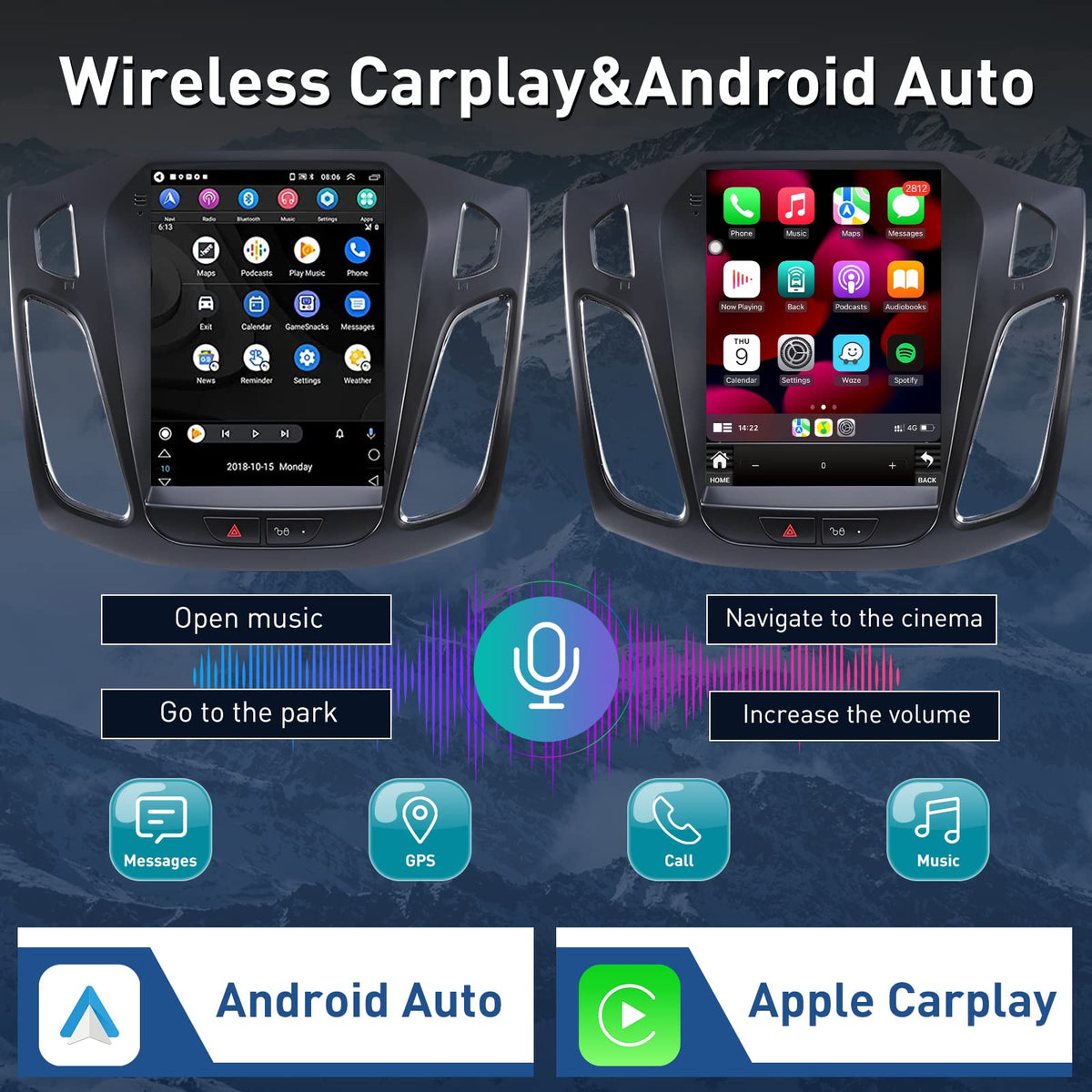 Ford Focus Car Stereo Radio 2012-2018 with Carplay/Android Auto, 10.4 Inch IPS Touch Screen Replacement with GPS Navigation Bluetooth 5GWiFi Mirror Link Backup Camera, 2G RAM 32G ROM
