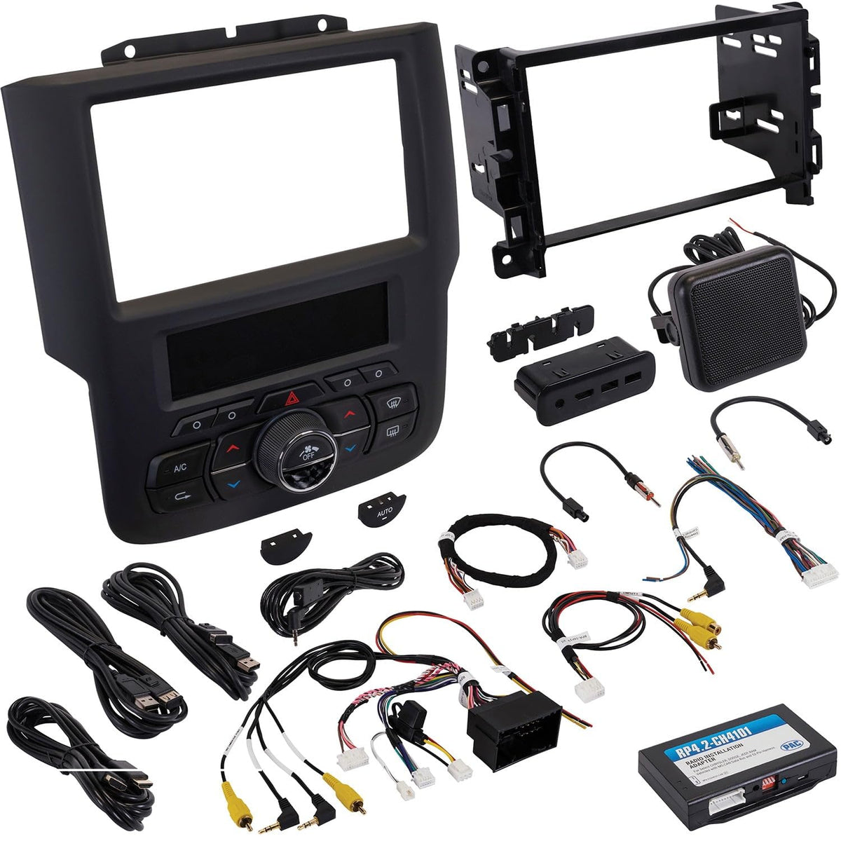 PAC RPK4-CH4101 RadioPRO Integrated Installation Kit with Integrated Climate Controls for Select 2013-2018 RAM Truck and 2019 RAM Classic Vehicles with 4 USB Port Car Charger for Front and Back Seats