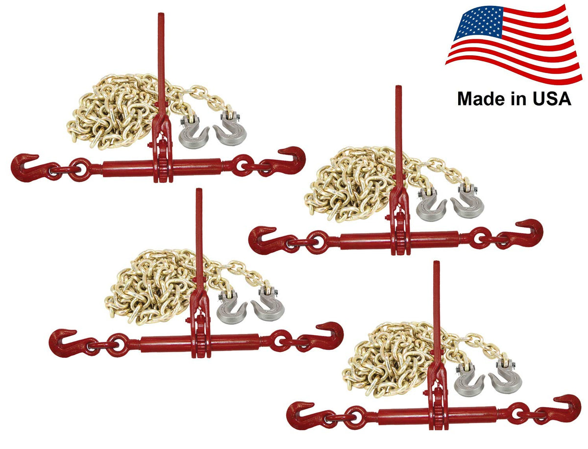 Mytee Products G70 Chain and Load Binder Kit | (4) 5/16-3/8" G70 G80 Load Binders & (4) 3/8" x 20' G70 Chains w/Grab Hooks | 6600 lbs Safe Load Limit for Truck & Flatbed Trailer | Made in USA