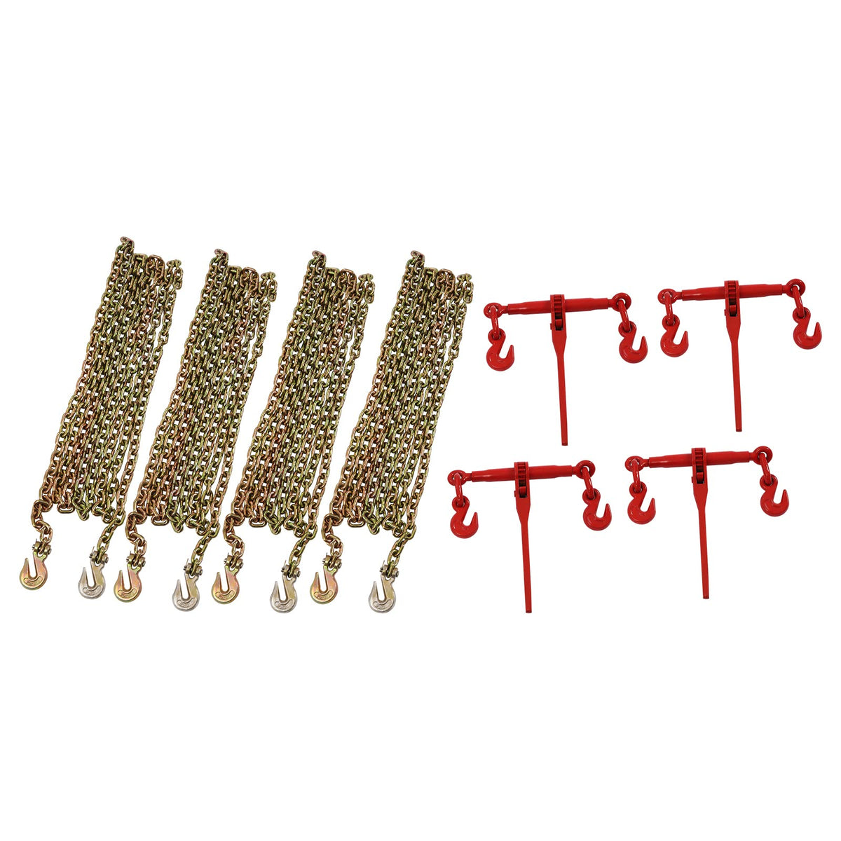 4-Pack Ratchet Binder Set with 20ft Chains, 5400lbs Rated Pulling and 19000lbs Breaking Tension Chain and Binder Kit with 360° Rotatable Pawl Engages for Factories, Warehouses, Garages
