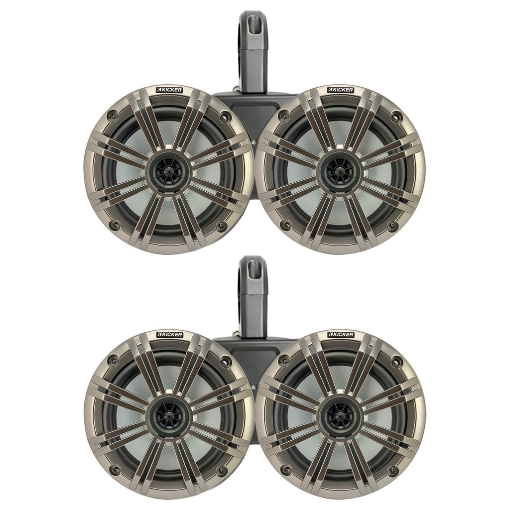 KICKER Black Dual Wakeboard Tower System with 2 Pair (Qty 4) of Silver 6.5" 195 Watt Max Power Marine OEM Replacement Coaxial Boat Audio Speakers
