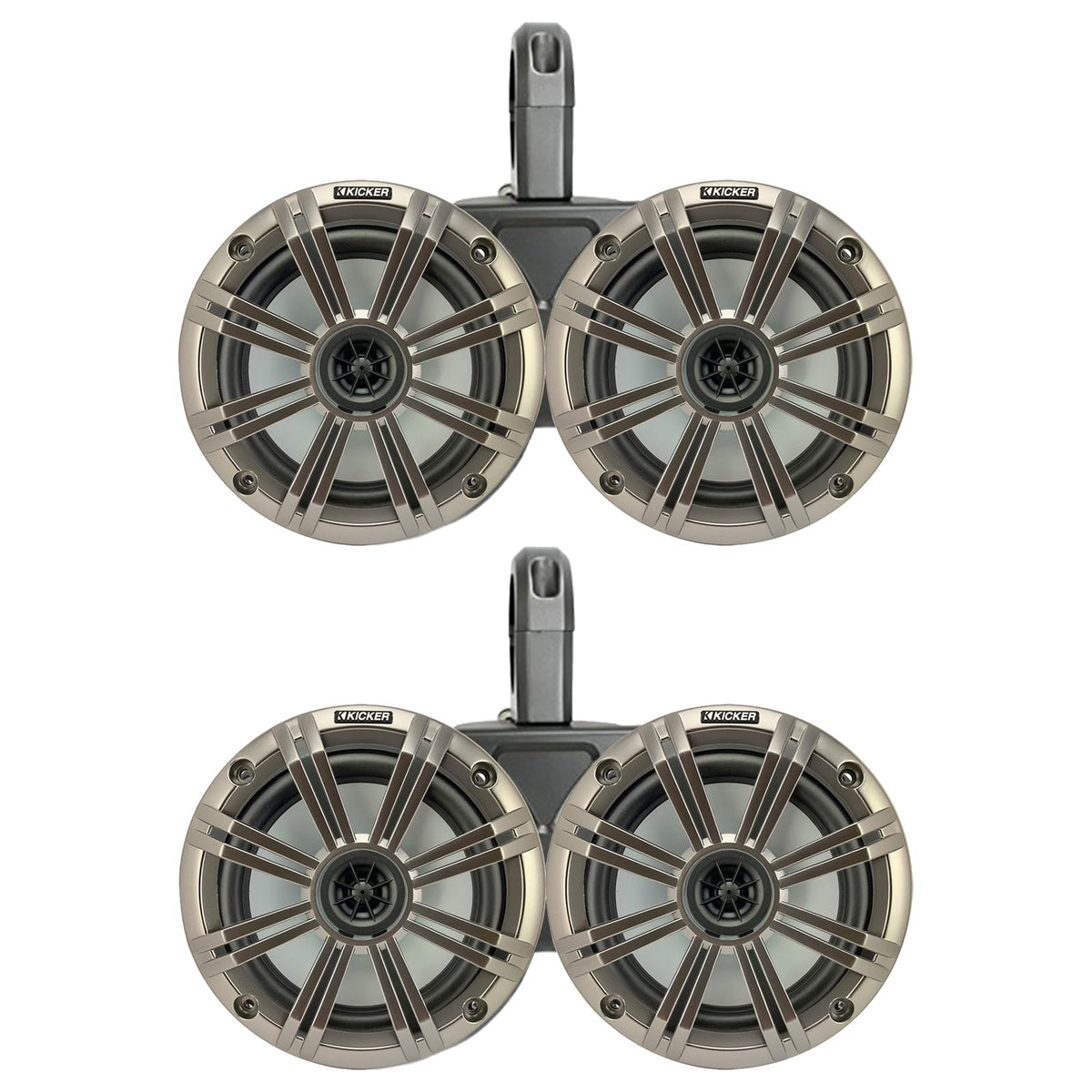 KICKER Black Dual Wakeboard Tower System with 2 Pair (Qty 4) of Silver 6.5" 195 Watt Max Power Marine OEM Replacement Coaxial Boat Audio Speakers