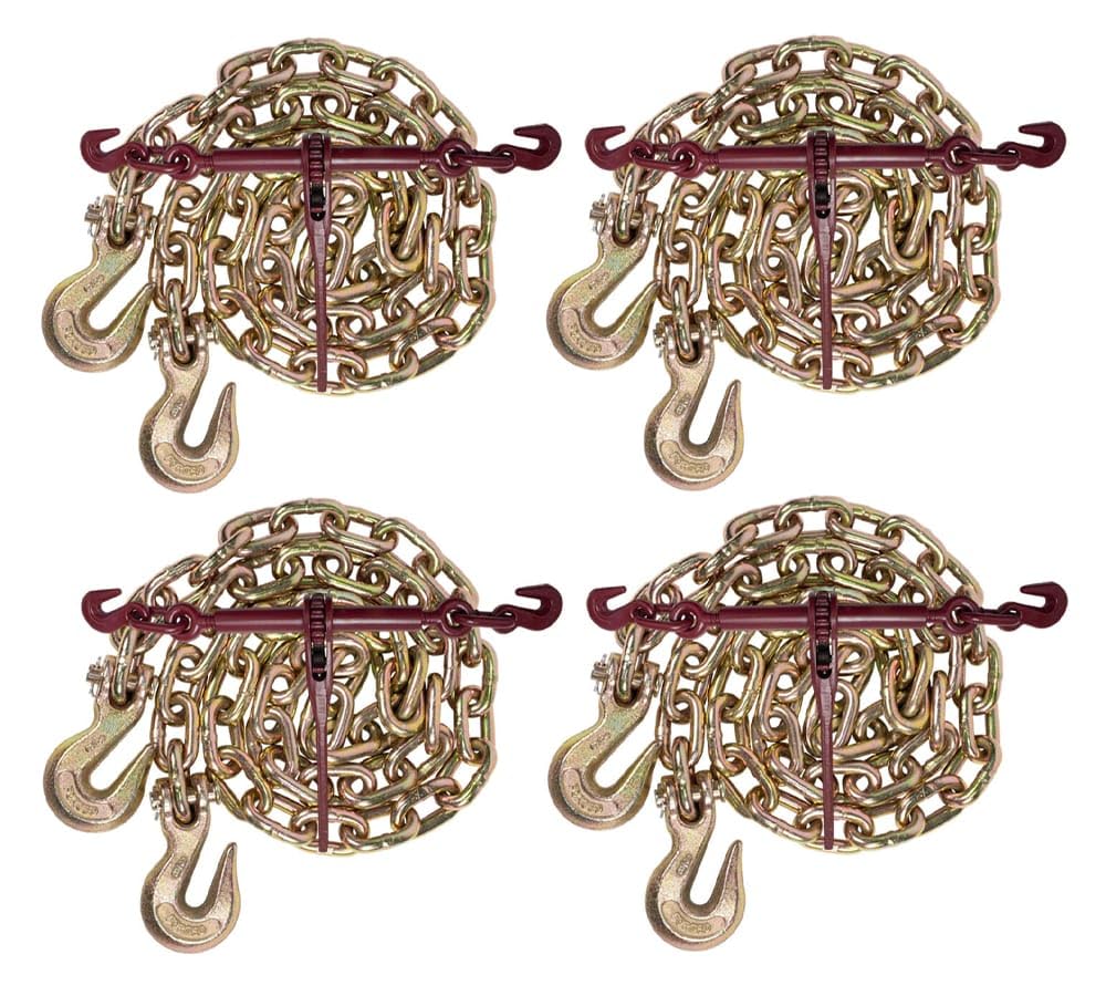 Mytee Products 3/8" Grade 70 Chain and Binder Kit | Includes (4) 3/8" - 1/2" Ratchet Load Binder & (4) 3/8" x 20' G70 Transport Chain w/Grab Hooks | 6600 lbs WLL for Flatbed Truck Trailer Tie Down