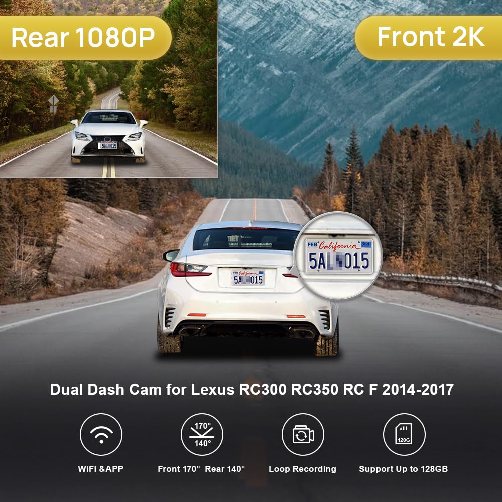 Fitcamx Front 2K+Rear 1080P Dash Cam Adapts for Lexus RC & RC F 2014-2017 RC300 RC350 F Sport, OEM Style, 2 Way HD Video, Loop Recording, WiFi & APP, G-Sensor, Easy to Operate, 64GB Card