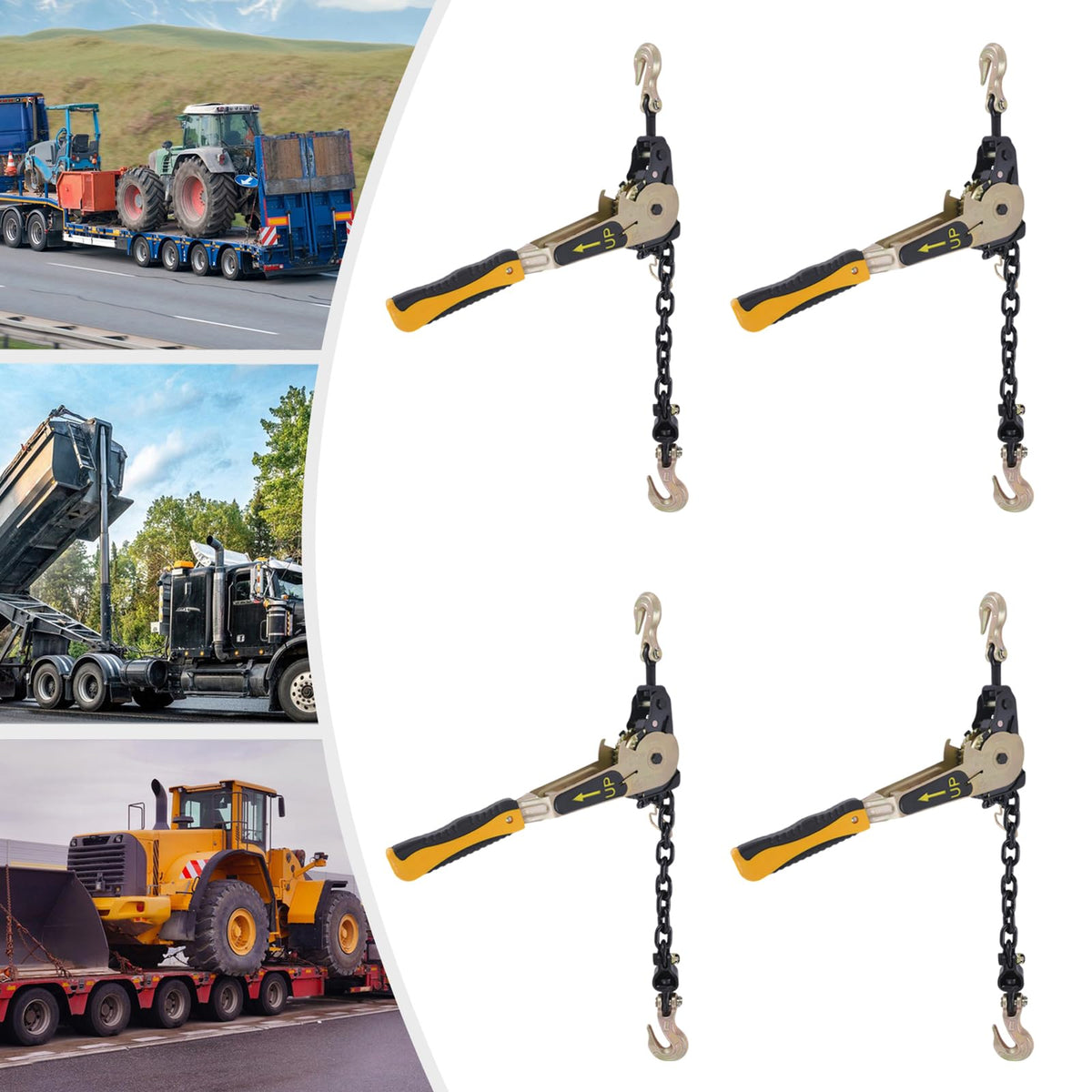4 Pack Ratcheting Chain Binder Kit, EZ Ratchet Chain Load Binder with Grab Hooks, 6600 lbs Capacity Heavy Duty Tie Down Ratchet Load Binder for Trucks Flatbed Trailers (Yellow, 4pack 6600lbs)