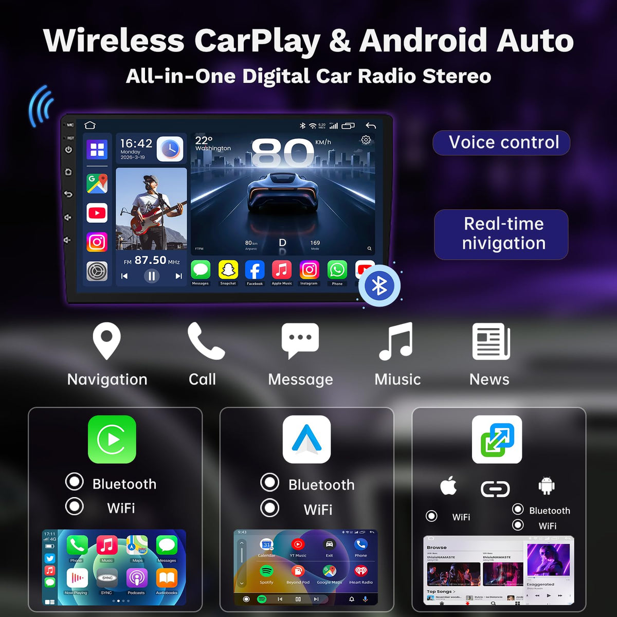 8Core 64ROM Android 15 Car Radio for Chevy Aveo Sonic 2012-2016: 9 Inch QLED FHD Touchscreen with Wireless Carplay Android Auto, 5G WiFi Bluetooth SWC GPS Navigation FM/AM DSP 1080P Backup Camera